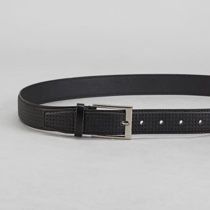 Ремень мужской, 2 строчки, точки, винт, пряжка под серебро, ширина 5см, цвет чёрный