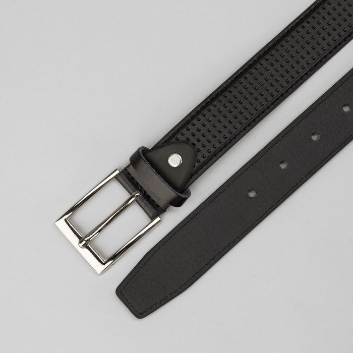 Ремень мужской, 2 строчки, точки, винт, пряжка под серебро, ширина 5см, цвет чёрный