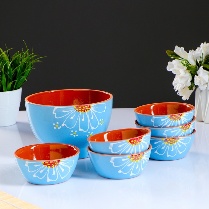 Набор салатников "Лето", 7 предметов: чаша 1,14 л, 6 мисок 240 мл, цвет голубой