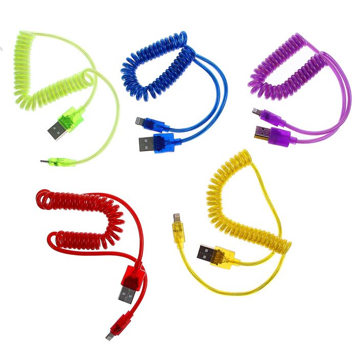 Провод для зарядки и передачи данных Luazon, USB - IPhone 5, 1м, пружина, микс