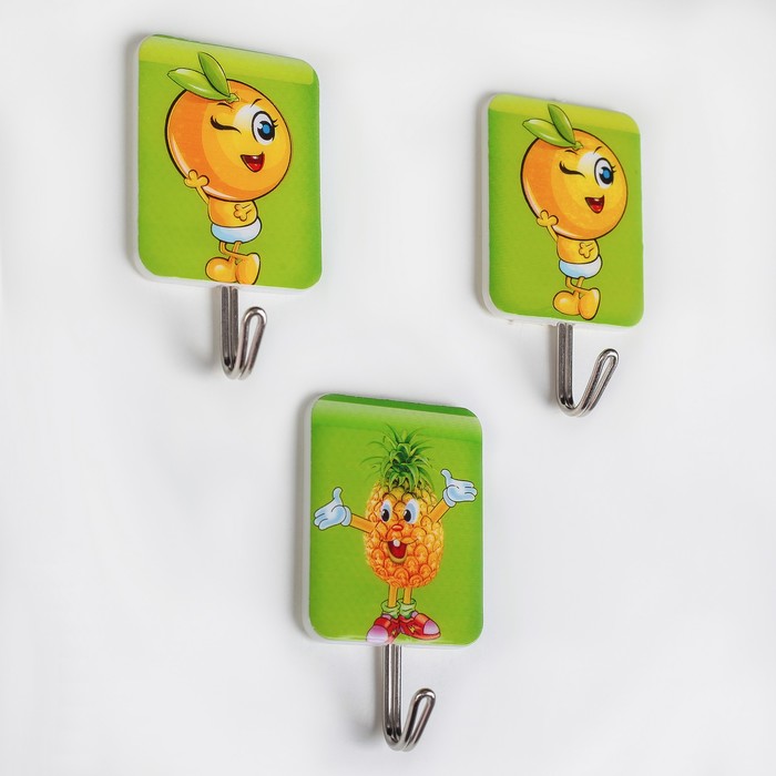 Набор крючков на липучке, 3 шт "Веселые фрукты", цвет МИКС