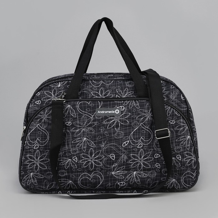 Сумка дорожная на молнии "Белый узор", 1 отдел, 2 наружных кармана, длинный ремень, чёрная