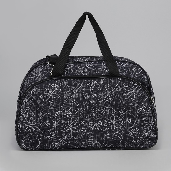 Сумка дорожная на молнии "Белый узор", 1 отдел, 2 наружных кармана, длинный ремень, чёрная