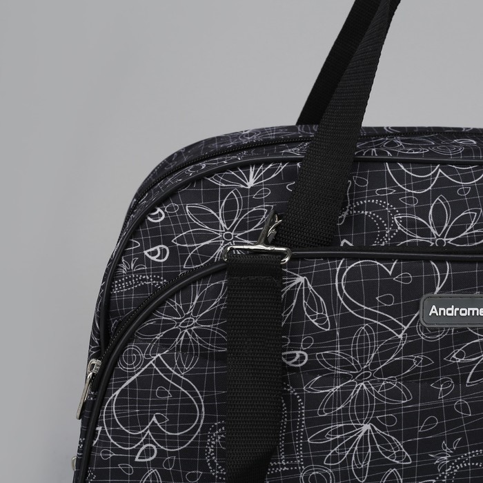 Сумка дорожная на молнии "Белый узор", 1 отдел, 2 наружных кармана, длинный ремень, чёрная