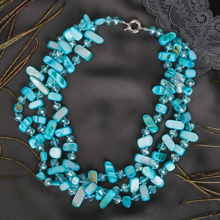 Бусы 3 ряда галтовка "Перламутр с хрусталём", цвет синий, 45см