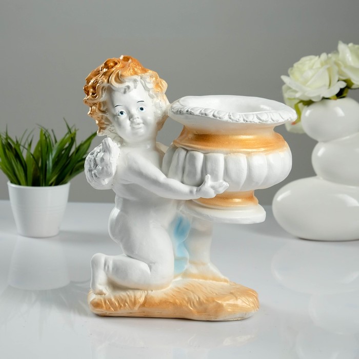 Фигурное кашпо "Ангел на колене" бело-золотое