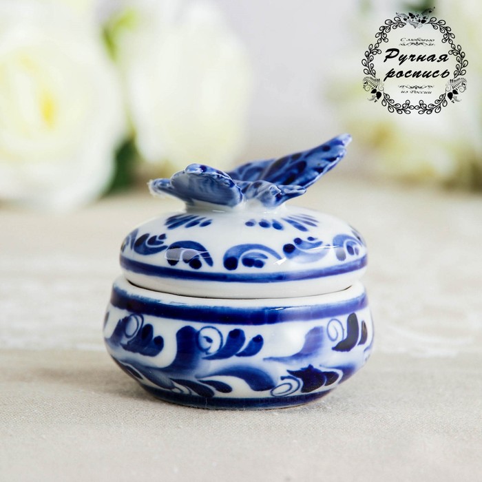 Шкатулка круглая «Бабочка», гжель, кобальт