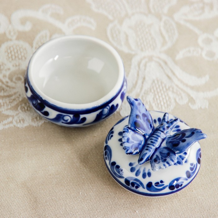 Шкатулка круглая «Бабочка», гжель, кобальт