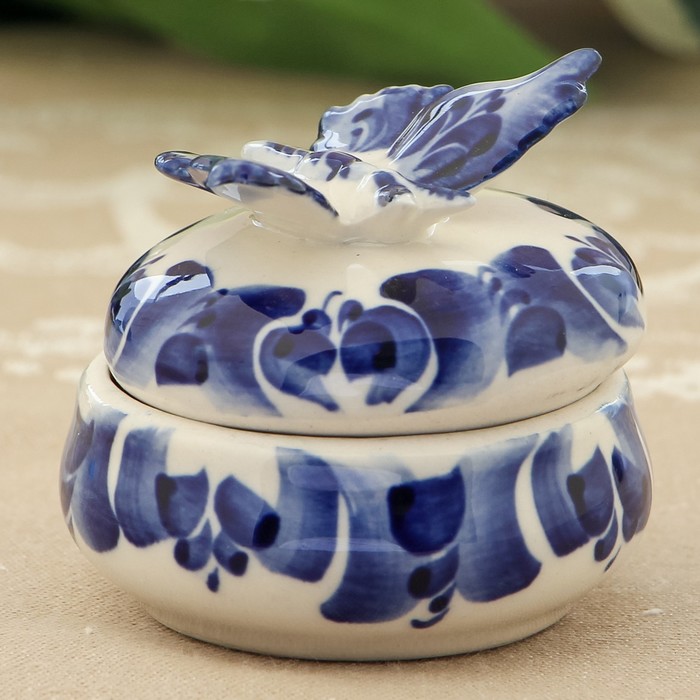 Шкатулка круглая «Бабочка», гжель, кобальт