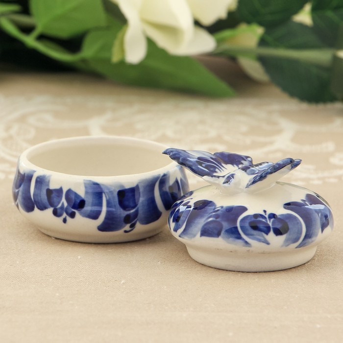 Шкатулка круглая «Бабочка», гжель, кобальт