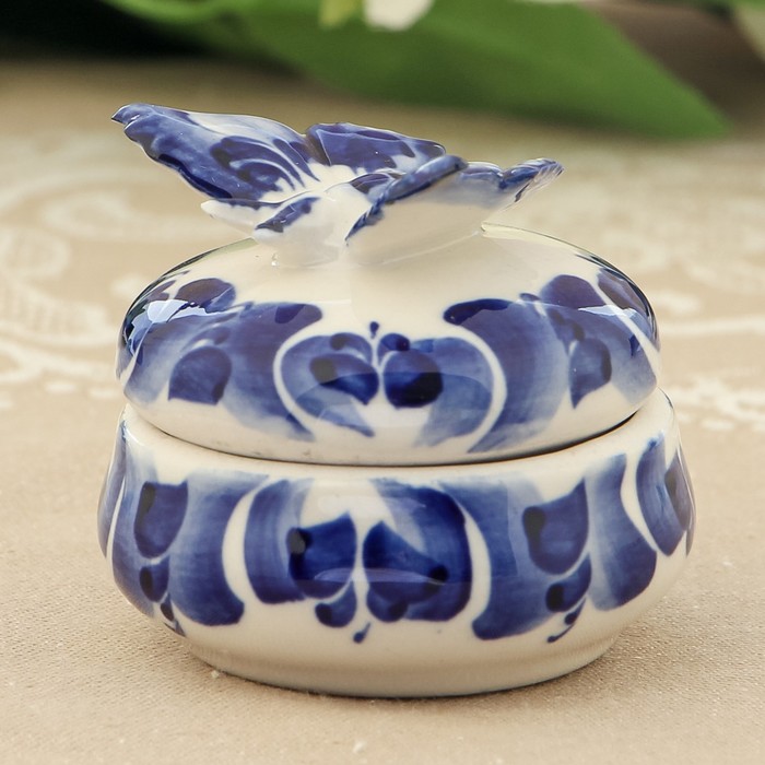 Шкатулка круглая «Бабочка», гжель, кобальт