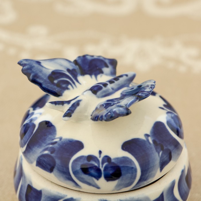 Шкатулка круглая «Бабочка», гжель, кобальт