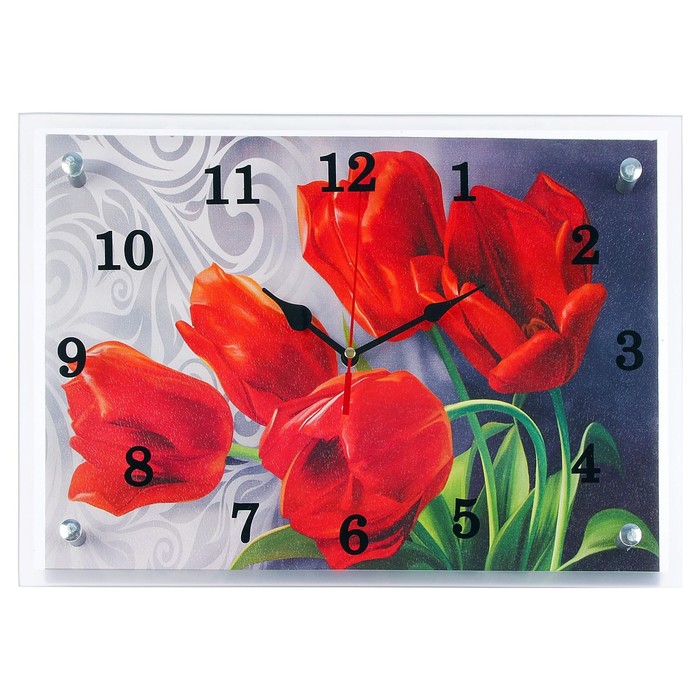 Часы-картина настенные, серия: Цветы, Красные тюльпаны 25х35 см
