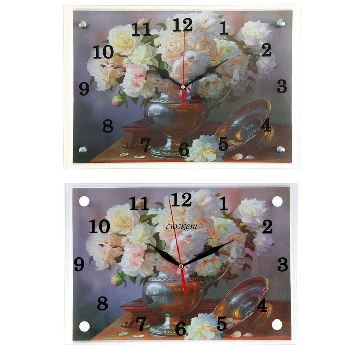Часы настенные прямоугольные "Ваза с белыми розами"25х35см микс