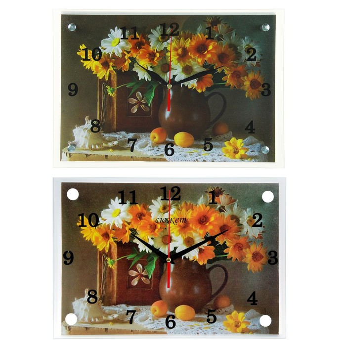 Часы настенные прямоугольные "Коричневая ваза с цветами" 25х35см микс