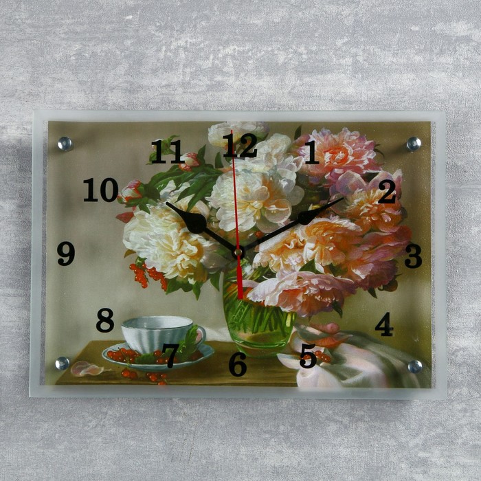Часы настенные прямоугольные "Пионы" 25х35см микс