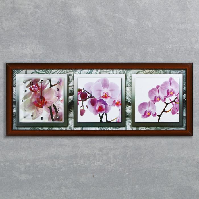 Часы-картина настенные, серия Цветы, Орхидеи в черно-белой рамке, 35х100 см, микс