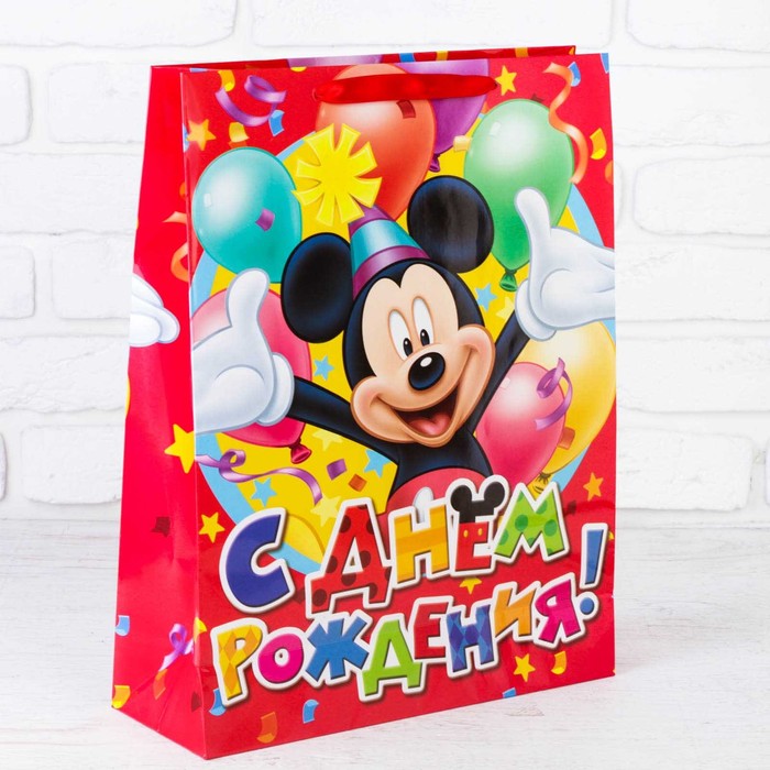Пакет ламинированный вертикальный "С Днем Рождения", Микки Маус, 31 х 40 см, + мини-открытка