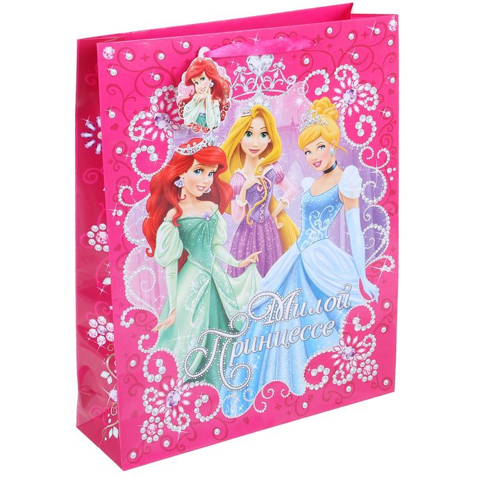 Пакет ламинированный вертикальный "Милой Принцессе", Принцессы, 31 х4 0 см, + мини-открытка, бумажная корона