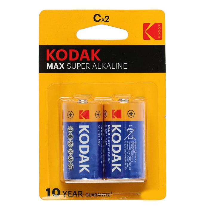 Батарейка алкалиновая Kodak Max, C, LR14-2BL, 1.5В, блистер, 2 шт. kodak батарейка алкалиновая kodak max ag8 lr1120 391 lr55 10bl 1 5в блистер 10 шт