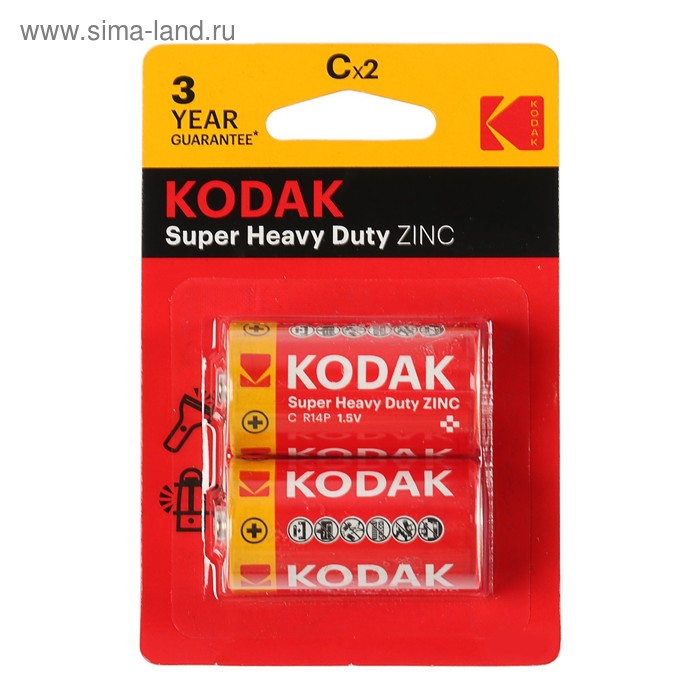 Батарейка солевая Kodak Extra Heavy Duty, C, R14-2BL, 1.5В, блистер, 2 шт.