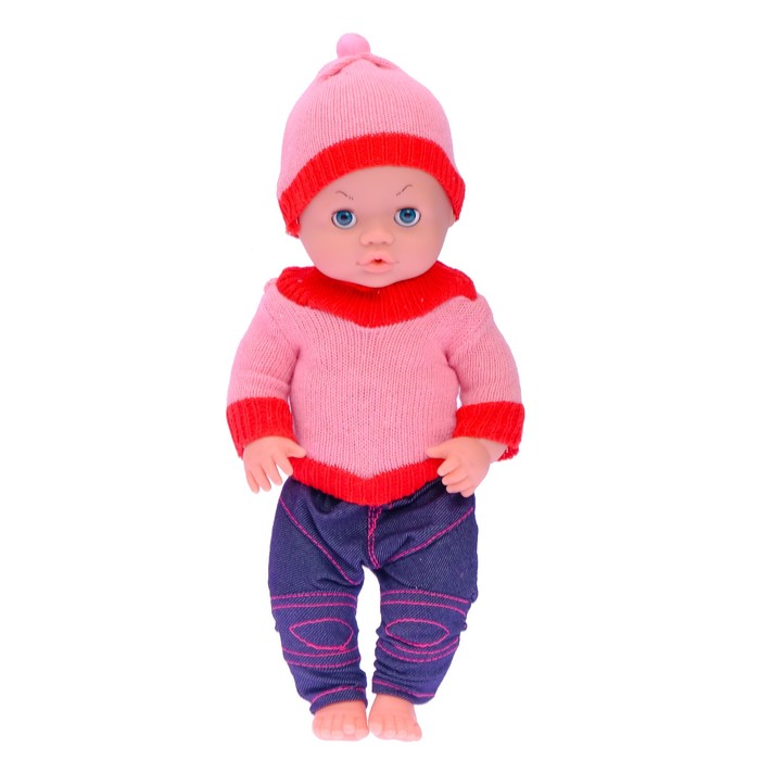 Пупс в вязаном костюмчике с аксессуарами, пьёт из бутылочки, писает в горшочек, звуковые эффекты