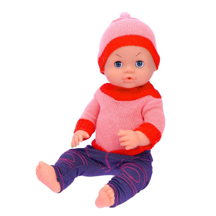 Пупс в вязаном костюмчике с аксессуарами, пьёт из бутылочки, писает в горшочек, звуковые эффекты