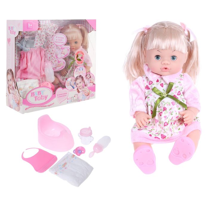 Пупс в сарафане с набором одежды и аксессуарами, пьёт, писает