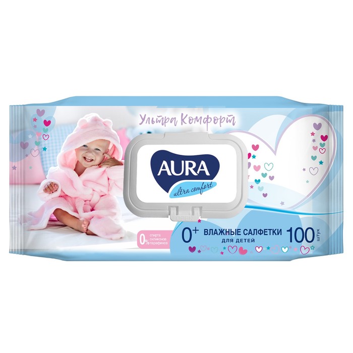 цена Влажные салфетки Aura Ultra Comfort, детские, гипоаллергенные, 100 шт.