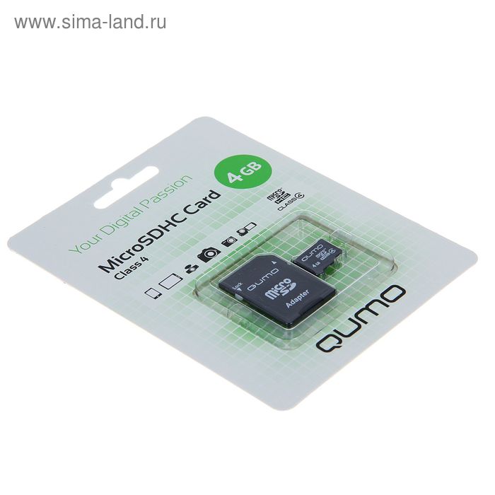 Карта памяти Qumo microSD, 4 Гб, SDHC, класс 4, с адаптером SD