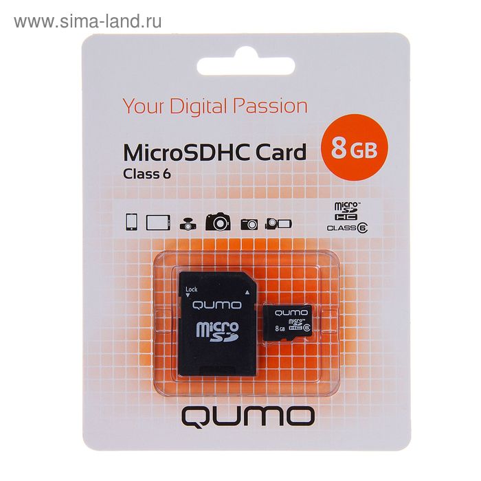 

Карта памяти Qumo microSD, 8 Гб, SDHC, класс 6, с адаптером SD