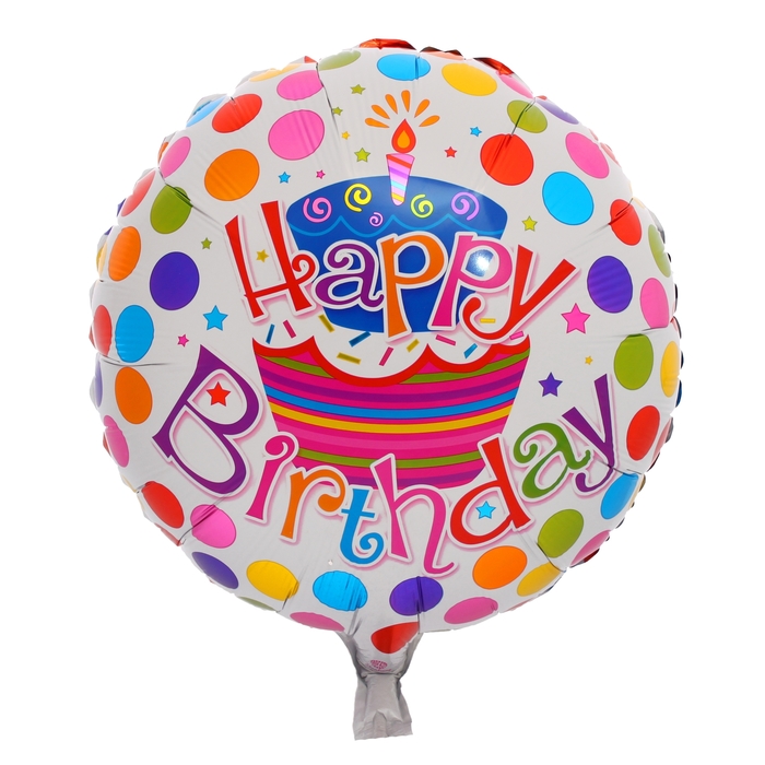 Шар фольгированный 18" "С днём рождения", тортик и шарики, круг