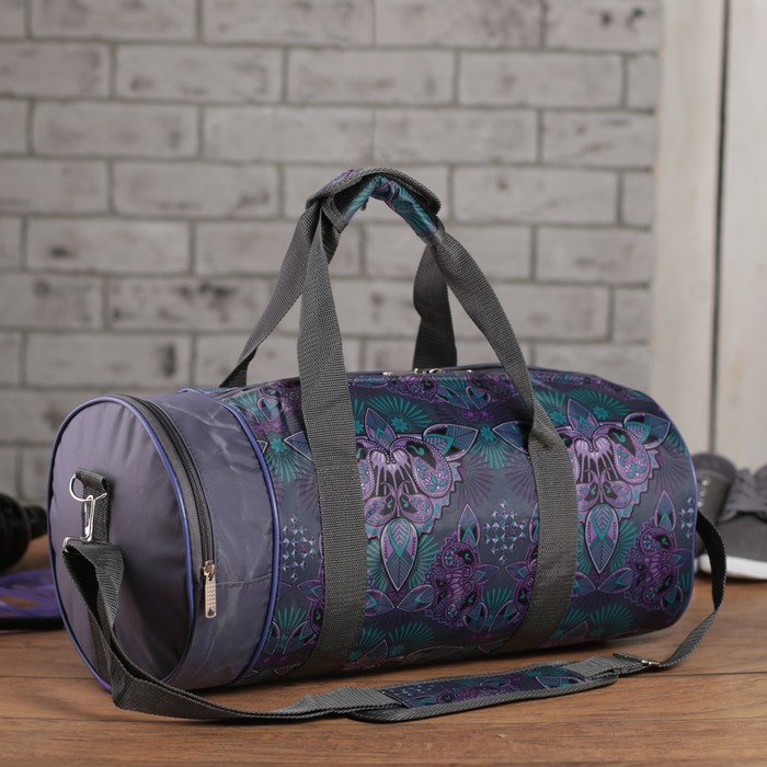 Сумка спортивная на молнии "Сиреневые цветы", 1 отдел, 1 наружный карман, длинный ремень, серая