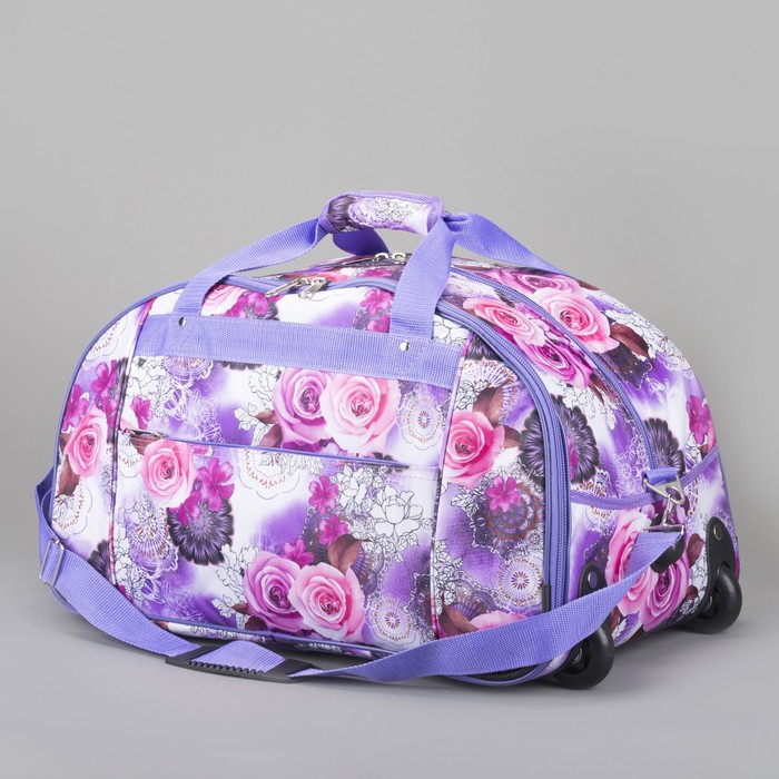 Сумка дорожная на колёсах "Розы", 1 отдел, 3 наружных кармана, длинный ремень, цвет сиреневый