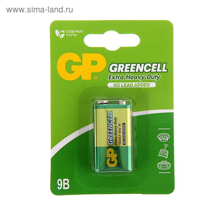 Батарейка солевая GP Greencell Extra Heavy Duty, 6F22-1BL, 9В, крона, блистер, 1 шт. фото