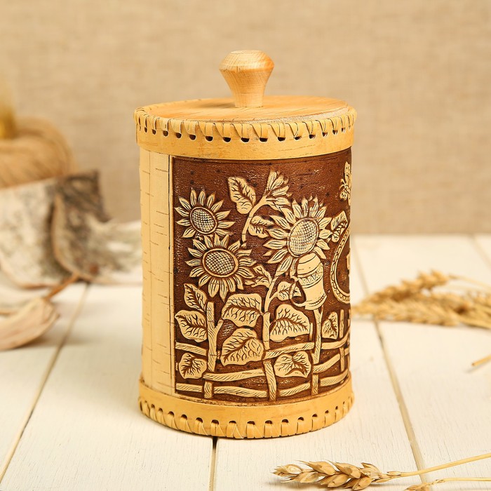 Туес «Подсолнухи» чай, 10×17,5 см, береста