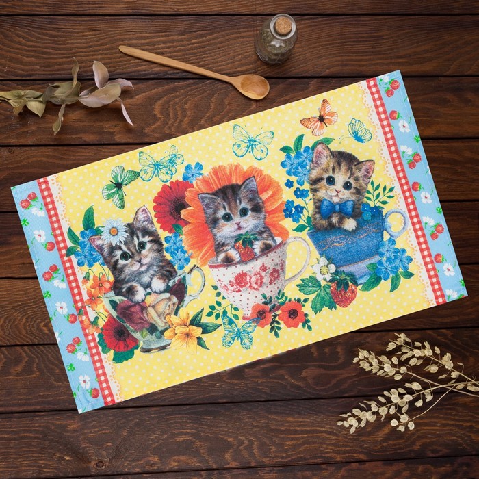 Полотенце кухонное Доляна "Котята", размер 35х62±2 см, хлопок, рогожка, 162 г/м2