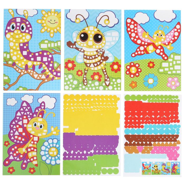 Аппликация наклейками А5 "Цветы и бабочки": 4 картинки + 2 листа наклеек