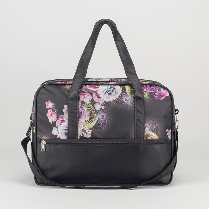 Сумка дорожная на молнии "Цветы", 1 отдел, 3 наружных кармана, чёрная