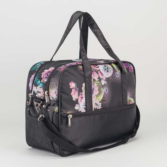 Сумка дорожная на молнии "Цветы", 1 отдел, 3 наружных кармана, чёрная