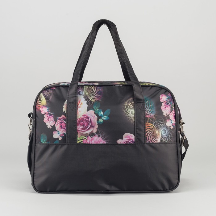 Сумка дорожная на молнии "Цветы", 1 отдел, 3 наружных кармана, чёрная