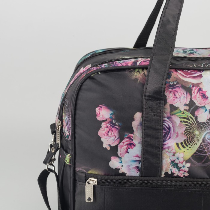 Сумка дорожная на молнии "Цветы", 1 отдел, 3 наружных кармана, чёрная
