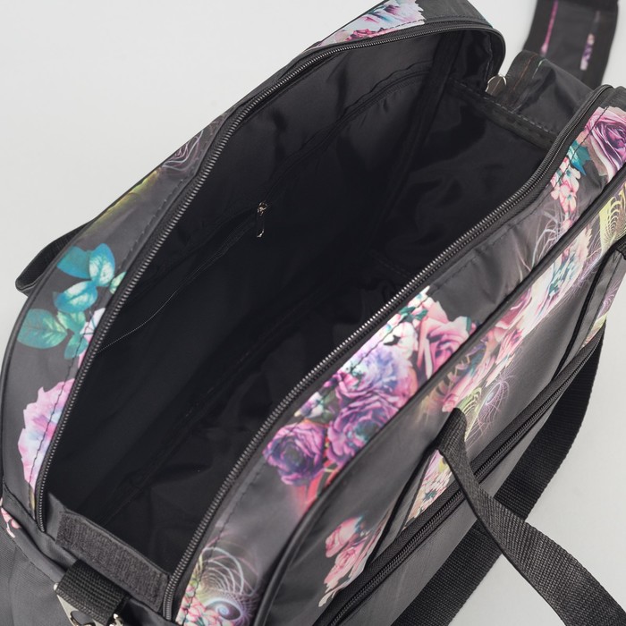 Сумка дорожная на молнии "Цветы", 1 отдел, 3 наружных кармана, чёрная