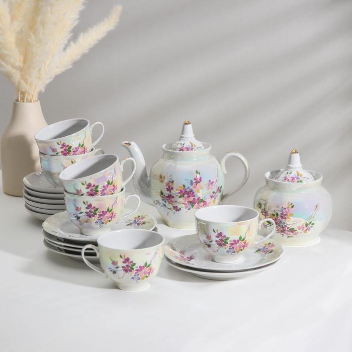 Сервиз чайный "Гранатовый. Багульник", 20 предметов: чайник 900 мл, сахарница 600 мл, 6 тарелок 17,5 см, 6 чашек 275 мл, 6 блюдец 15 см