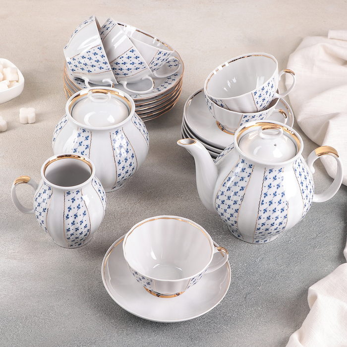 Сервиз чайный "Белый лебедь. Ситец", 21 предмет: чайник 1 л, сахарница 750 мл, сливочник 300 мл, 6 чашек 275 мл, 6 блюдец 15 см, 6 тарелок 17,5 см