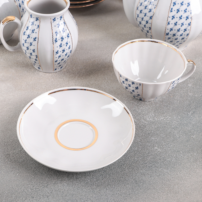 Сервиз чайный "Белый лебедь. Ситец", 21 предмет: чайник 1 л, сахарница 750 мл, сливочник 300 мл, 6 чашек 275 мл, 6 блюдец 15 см, 6 тарелок 17,5 см