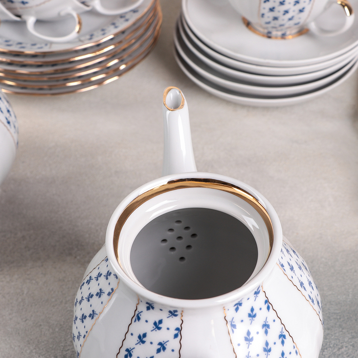 Сервиз чайный "Белый лебедь. Ситец", 21 предмет: чайник 1 л, сахарница 750 мл, сливочник 300 мл, 6 чашек 275 мл, 6 блюдец 15 см, 6 тарелок 17,5 см