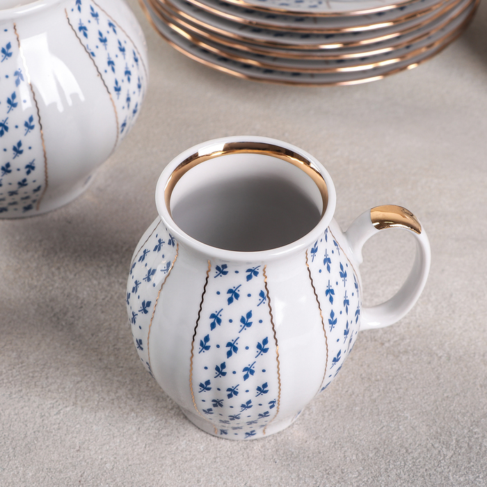 Сервиз чайный "Белый лебедь. Ситец", 21 предмет: чайник 1 л, сахарница 750 мл, сливочник 300 мл, 6 чашек 275 мл, 6 блюдец 15 см, 6 тарелок 17,5 см