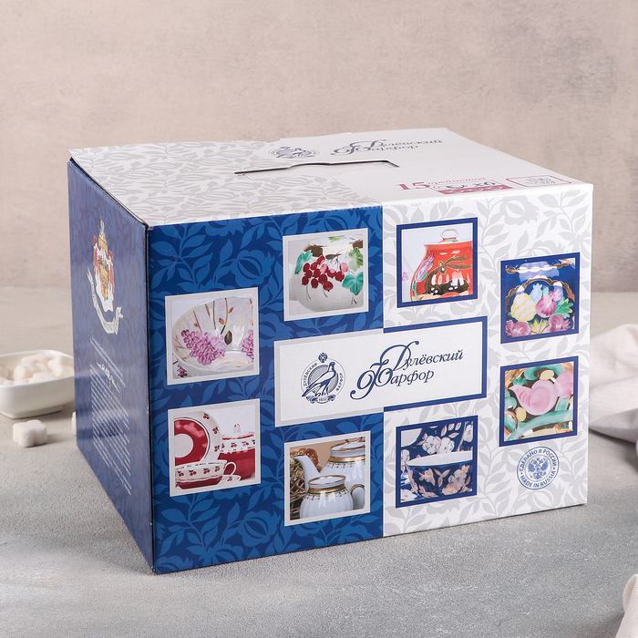 Сервиз чайный "Белый лебедь. Ситец", 21 предмет: чайник 1 л, сахарница 750 мл, сливочник 300 мл, 6 чашек 275 мл, 6 блюдец 15 см, 6 тарелок 17,5 см