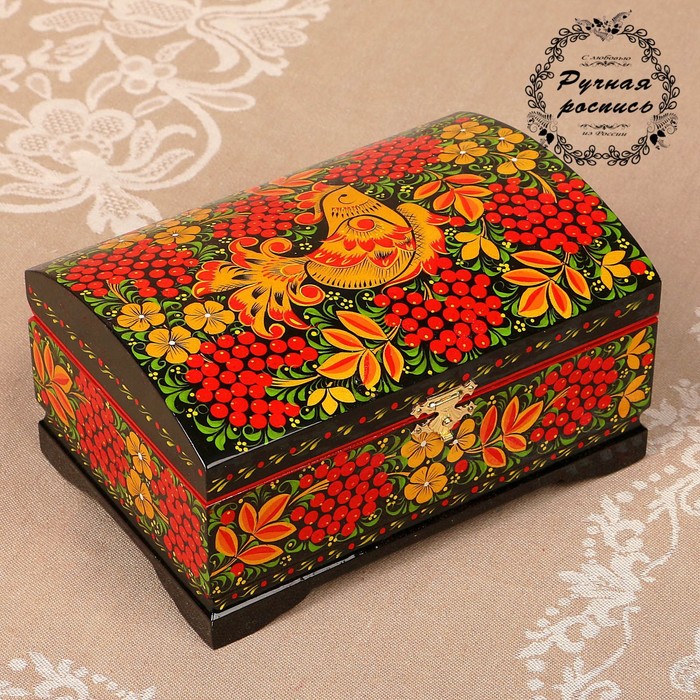 Шкатулка «Птица», полукруглая крышка, хохлома, ручная роспись, 17×11 см